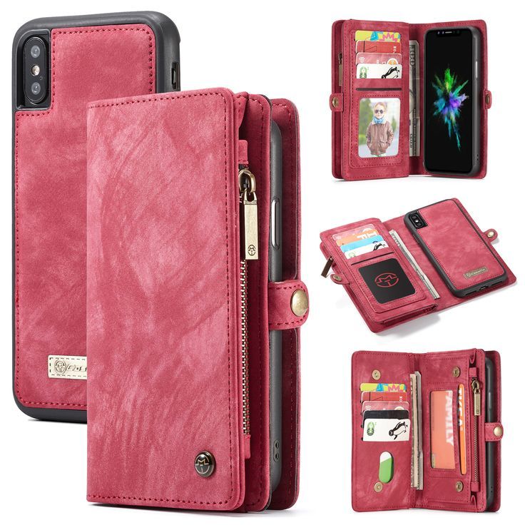 the pink leather wallet case is open and has multiple compartments for cards, keys, and other accessories