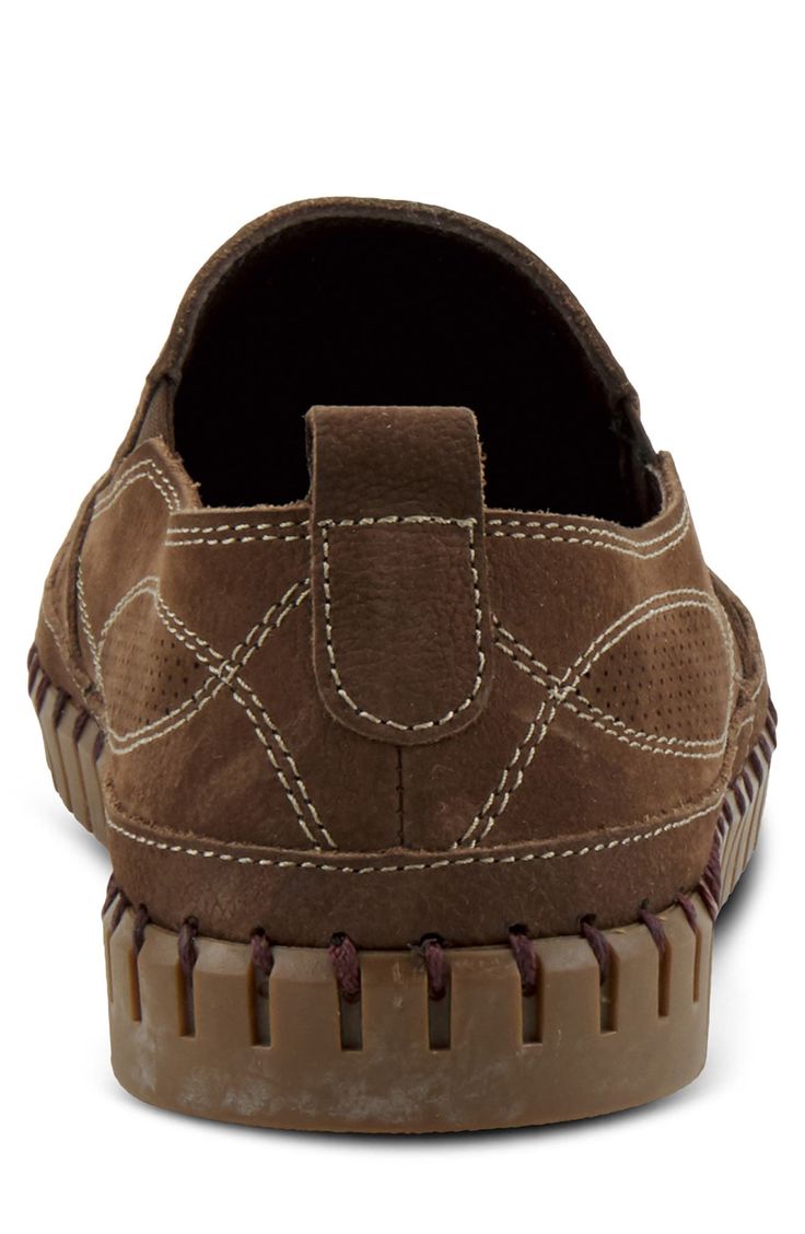 A perforated leather slip-on sneaker with whipstitched trim features dual elastic gores, a leather-covered insole and an anatomical last for superior comfort. Removable insole Leather and textile upper/leather lining/synthetic sole Imported Brown Leather Slip-on Sneakers With Textured Sole, Brown Swift Leather Casual Slip-ons, Sporty Brown Slip-ons With Rubber Sole, Leather Slip-on Walking Shoes, Casual Leather Slip-ons With Textured Sole, Casual Leather Slip-on Sneakers For Walking, Brown Swift Leather Slip-ons With Textured Sole, Casual Brown Slip-ons With Perforations, Slip-on Swift Leather Walking Shoes