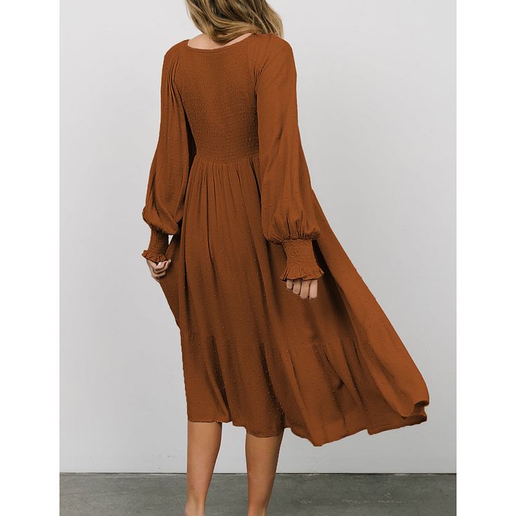 Brown Polka Dot Pleated V Neck Long Sleeve Dress Flowy Solid Color Midi Dress For Fall, Billowy Long Sleeve Casual Midi Dress, Billowy Long Sleeve Midi Dress, Fall Solid Color Maxi Dress For Day Out, Casual Billowy Maxi Dress For Fall, Flowy Solid Color Maxi Dress For Fall, Long Sleeve Solid Color Midi Dress For Brunch, Flowy Solid Color Dress For Fall, Brown Long Sleeve Solid Midi Dress