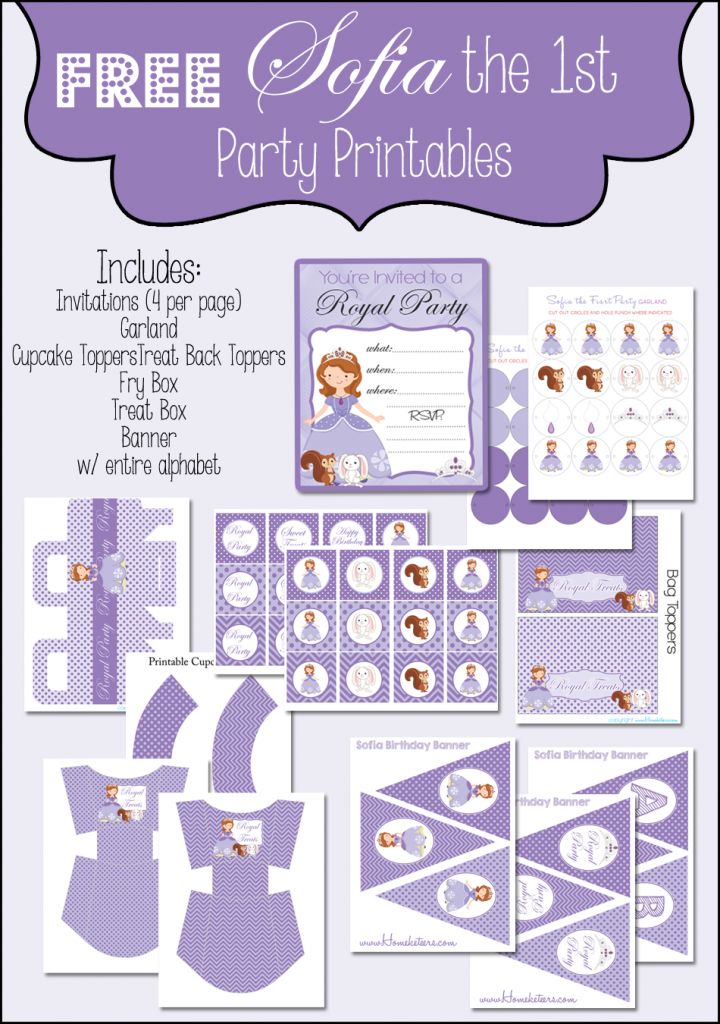 the princess and the frog party printables are in purple with white trimming