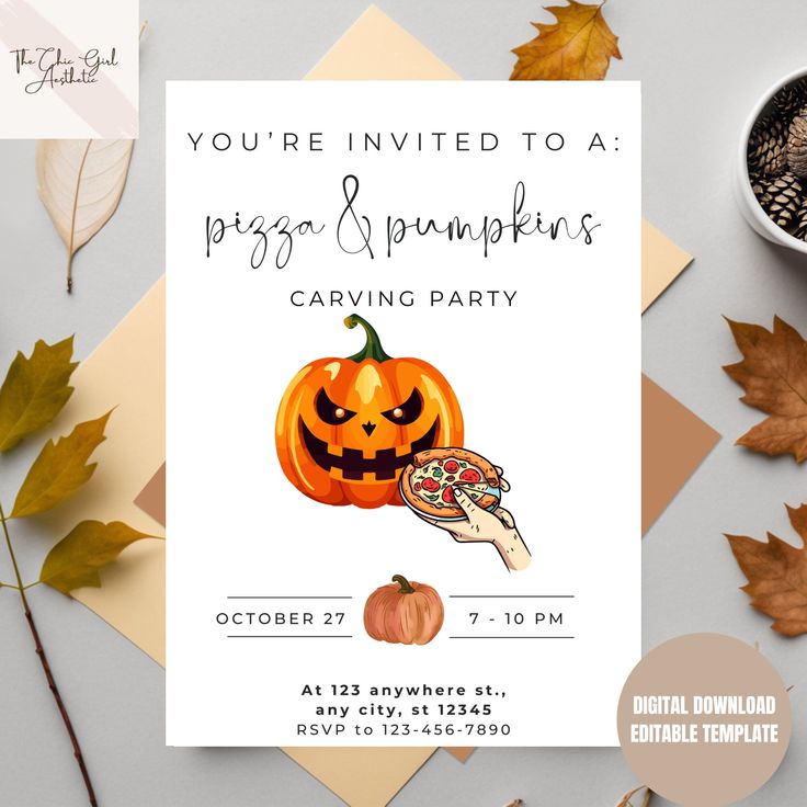 an image of a pumpkin party card with the words you're involved to a pizza and pumpkins carving party