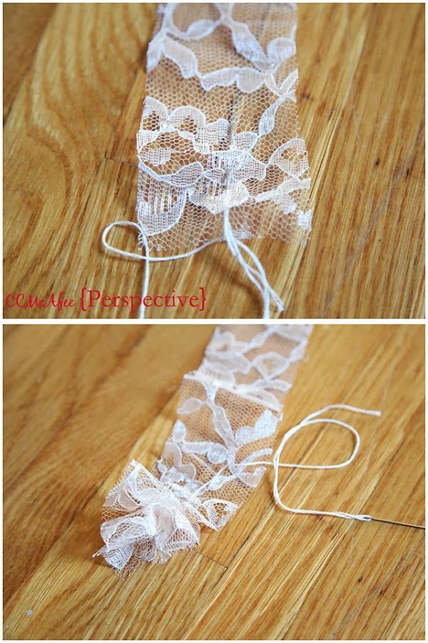 two pictures showing how to make a lace ribbon