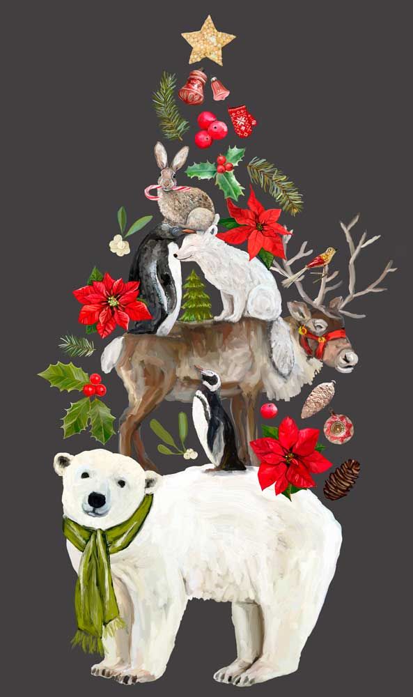 a polar bear standing next to a christmas tree with antlers, poinsettis and other holiday decorations