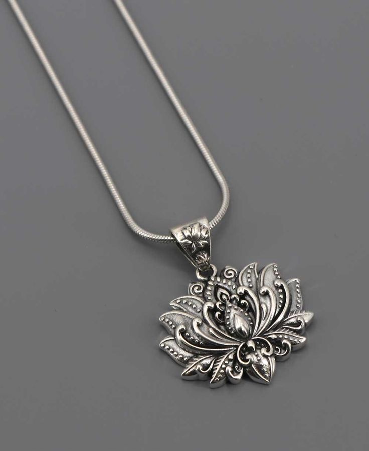 Sterling Silver Full Bloom Lotus Necklace - Necklaces 16 Inches Spiritual Large Flower Pendant Jewelry, Elegant Lotus Flower Jewelry Gift, Sterling Silver Lotus Flower Jewelry For Gifts, Spiritual Silver Flower Pendant Jewelry, Silver Lotus Flower Necklace, Meditation Beads Mala, The Lotus Flower, Buddha Groove, Blooming Lotus