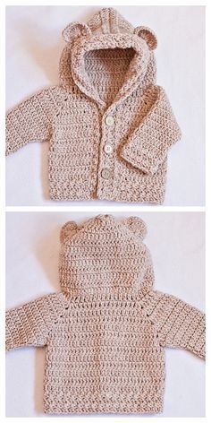 two pictures of a baby's crocheted sweater with hood on top and bottom