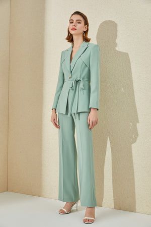 Mint Green V-neck Blazer Pantsuit | FashionByTeresa Chic V-neck Suits For Spring, Spring Office Suits With V-neck, Elegant Light Green Sets, Chic Green Pantsuit For Spring, Spring V-neck Pantsuit For Office, Elegant Fitted Light Green Sets, Spring Green Formal Pantsuit, Spring Formal Green Pantsuit, Chic Green Formal Suit