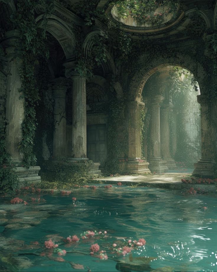 an image of a pool with flowers in the water that is surrounded by greenery