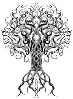 a drawing of a tree with many branches and leaves on it's trunk, in the shape of a celtic knot