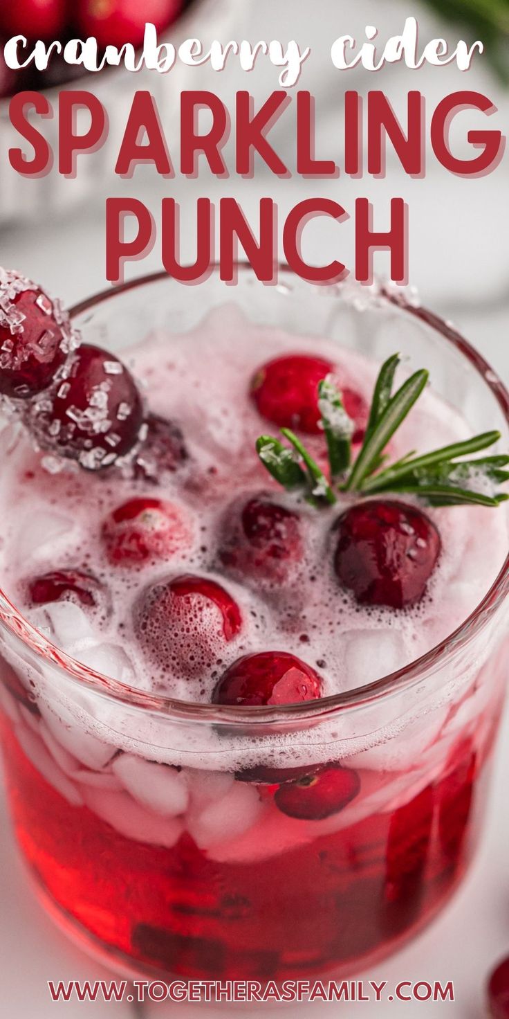 cranberry cider sparkling punch in a glass with ice and garnish