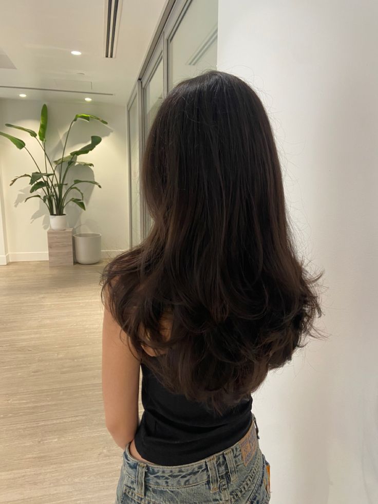 Layers, haircut, blowout, 90s Healthy Hair Brunette, Clean Girl Haircut, Hair Brunette Aesthetic, Healthy Brown Hair, Blowout 90s, Impulsive Thoughts, Layers Curtain Bangs, Haircut Blowout, Extreme Haircut