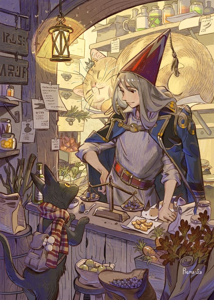 an illustration of a woman dressed as a wizard preparing food