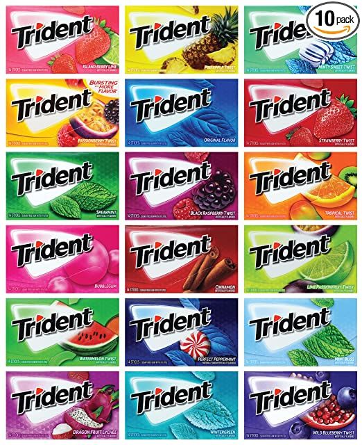 twelve packets of tridentt fruit flavored chewing gums, each with different flavors