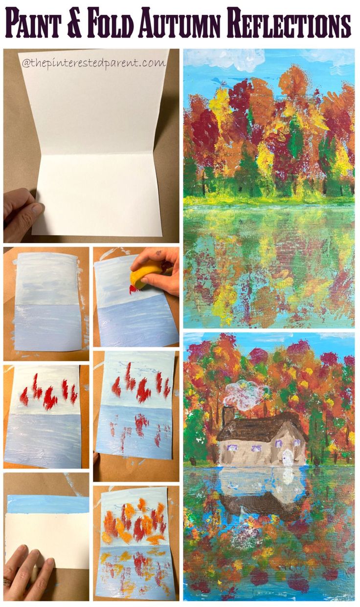 an art project with autumn trees and leaves painted on canvases, including the words paint & fold autumn reflections