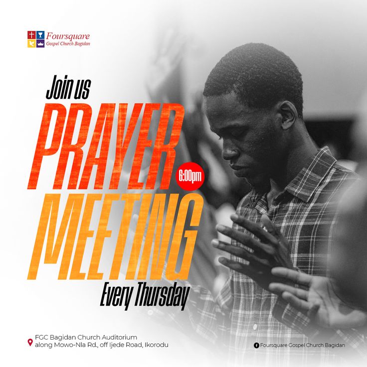 a man holding his hands together in front of an orange and black background with the words prayer meeting