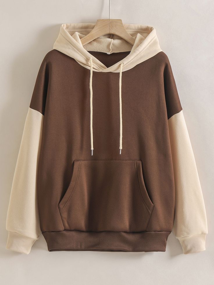 Coffee Brown Casual Collar Long Sleeve Fabric Colorblock Pullovers Embellished Slight Stretch Fall/Winter Women Sweatshirts Brown Hoodie, Stylish Hoodies, Women Sweatshirts, Lined Hoodie, Striped Hoodie, Pullover Shirt, Colorful Hoodies, Online Clothing, Aesthetic Clothes