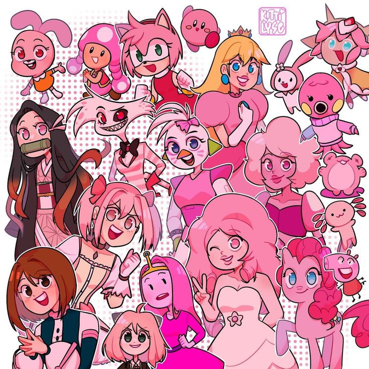 an image of many cartoon characters with pink hair and other things in the background, including cats