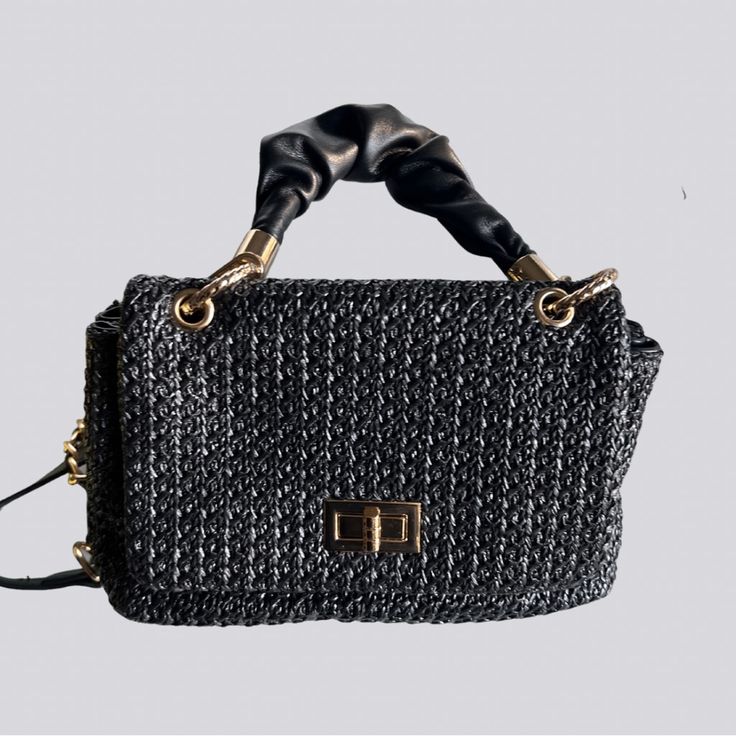 Black Woven Crossbody With Gold&Black Chain Straps . New W Tag Black Bags With Adjustable Strap, Black Crossbody Bag As Fashion Accessory, Casual Evening Shoulder Bag With Chain Strap, Black Rectangular Shoulder Bag With Chain, Black Satchel Shoulder Bag With Chain Detail, Black Shoulder Bag With Detachable Strap, Black Shoulder Bag With Chain Strap For Party, Black Party Bag With Chain Detail, Black Party Bags With Chain Detail