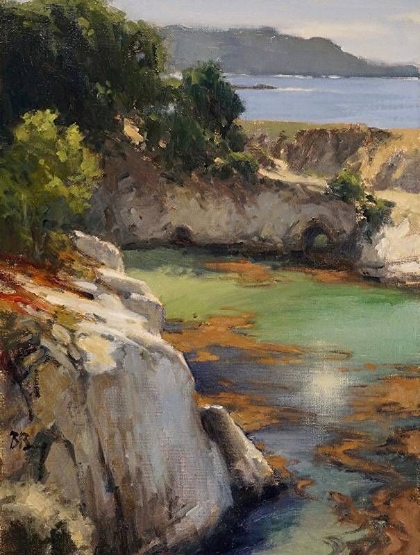 an oil painting of water and rocks near the beach