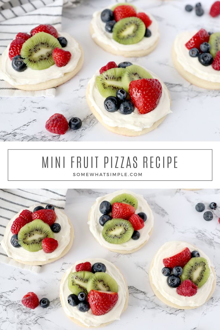 mini fruit pizzas with whipped cream and fresh berries on top, sitting on a marble countertop