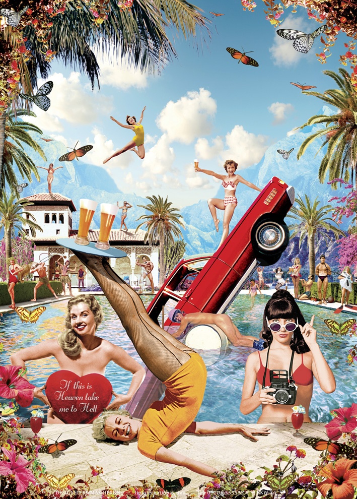 three women sitting in front of a pool with a red car and two men on it