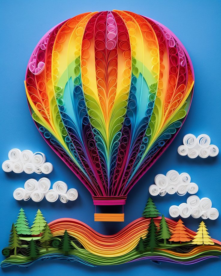 a colorful hot air balloon floating in the sky with clouds and trees on it's side