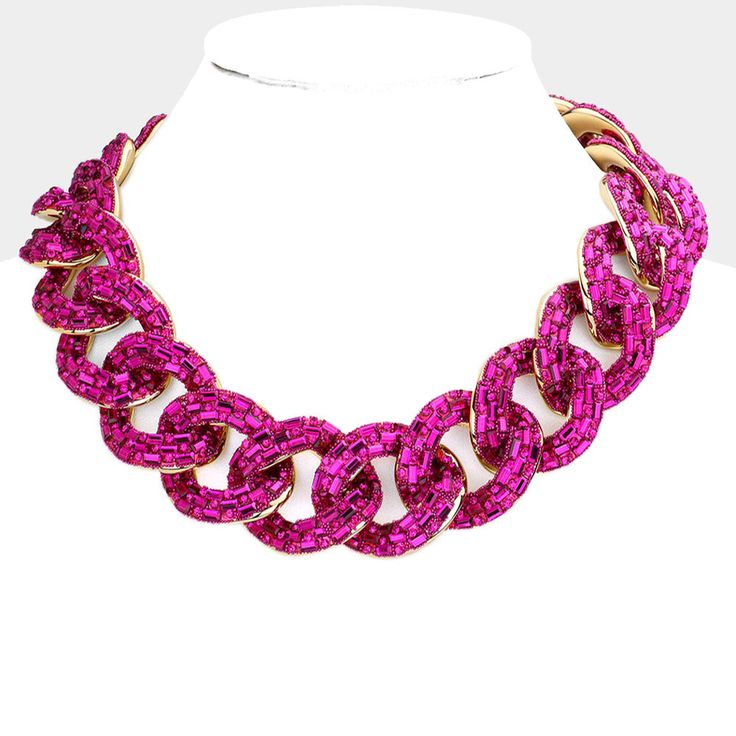 Necklace Size : 19" L + 2.5" L Decor Size : 1.25" L Stylish Chain Link Necklace With Adjustable Chain, Party Chain Necklace With Lobster Clasp, Bold Party Jewelry With Chunky Chain, Bold Chunky Chain Jewelry For Party, Bold Chunky Chain Party Jewelry, Bold Chunky Chain Necklace For Party, Pink Metal Chain Necklace For Party, Bold Chain Link Jewelry For Party, Bold Jewelry With Chain For Parties