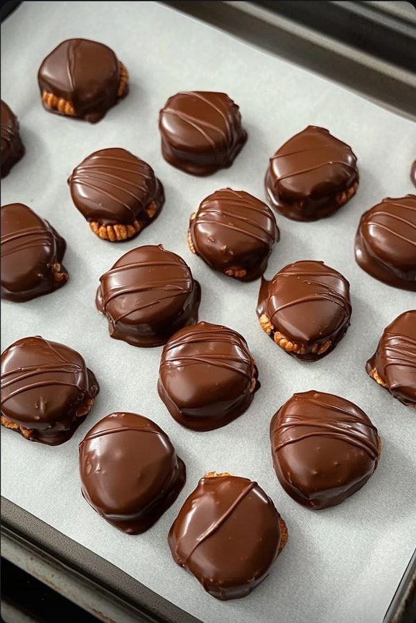 chocolate covered cookies sitting on top of a baking sheet