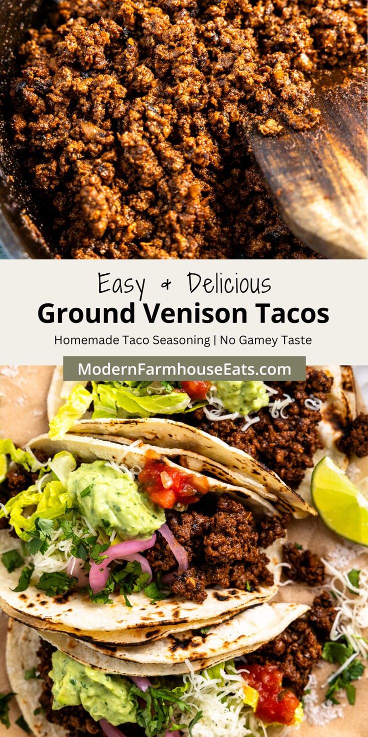 ground venison tacos with avocado and cilantro on the side