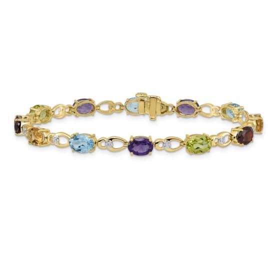 14K Two-tone Gold with rhodium over 14k yellow gold 9.000 cttw rainbow gemstone and diamond bracelet. Measures approximately 3/16 of an inch in width and has a box catch closure. Heirloom Multicolor Oval Jewelry, Fine Multicolor Jewelry With Diamond Accents, Classic Multicolor Gemstone Jewelry, Multi-stone Round Diamond Bracelet For Anniversary, Elegant Rainbow Cubic Zirconia Jewelry, Classic Oval Multi-stone Bracelet, Classic Multicolor Diamond Jewelry, Multicolor Diamond Accented Jewelry For Anniversary, Yellow Gold Bracelet With Gemstone For Anniversary