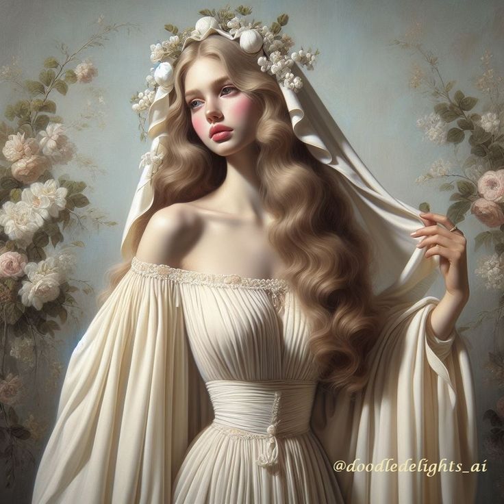 a painting of a woman with long blonde hair wearing a white dress and holding a flower in her hand