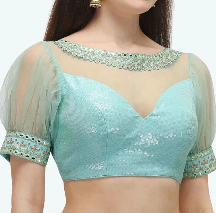 Blouse Designs Latest Half Sleeve, Net Neck Designs For Blouse, Half Net Blouse, Net Sleeves Designs For Blouse, Net Blouse Designs Pattern Style, Blauj Design, Net Saree Blouse Designs, Pink Blouses, Netted Blouse Designs