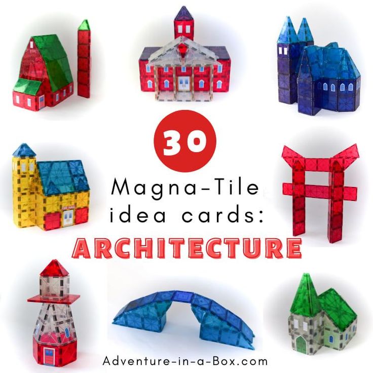 there are many magnets that have been made to look like houses and buildings with the words magna - tile idea cards architecture