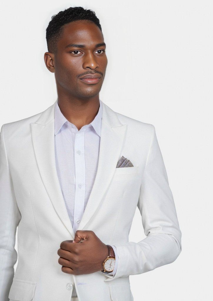 Make an everlasting impression in the Bryant White Twill Suit, made exclusively for the unique individual. Perfect for summer events that demand unique styling, this custom-made suit showcases your bold style and seizes any opportunity to turn heads. Show off with confidence! Fitted White Single-button Suits, White Fitted Single Breasted Suit, White Fitted Blazer With Suit Collar, White Fitted Suit With Suit Collar, Designer Fitted Single Button Suit, Designer Single Button Fitted Suit, White Fitted Blazer For Semi-formal Events, White Fitted Blazer For Semi-formal Occasions, Fitted White Blazer For Semi-formal Events