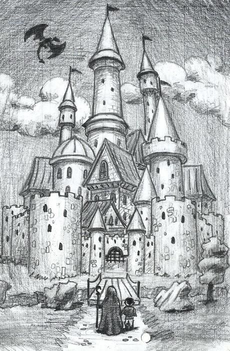 a black and white drawing of a castle