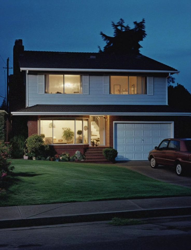 a car parked in front of a house at night with the lights on and windows lit up