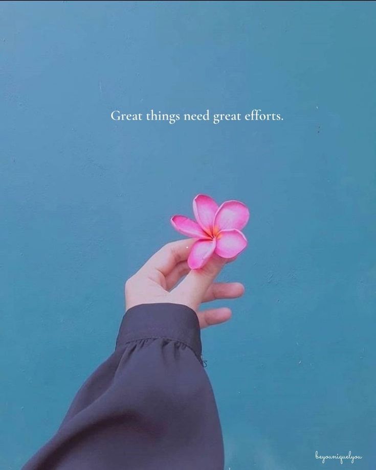 a person's hand holding a pink flower with the words great things need great efforts