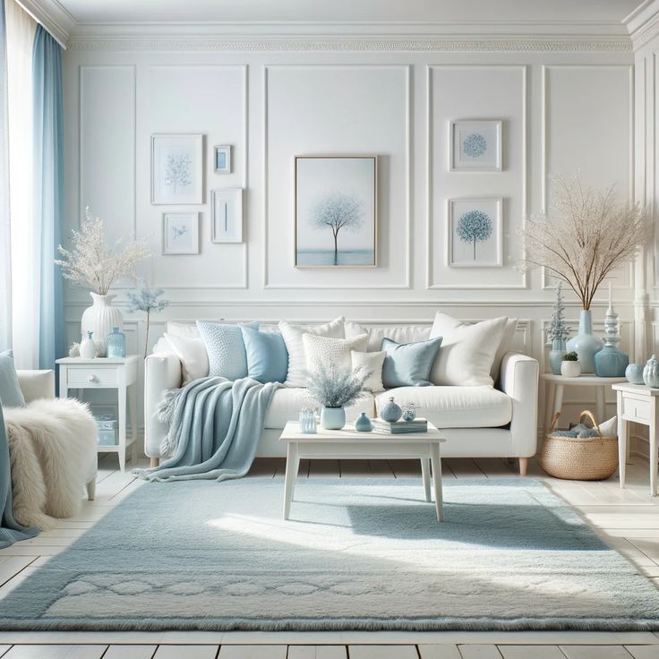 a living room filled with white furniture and blue accents