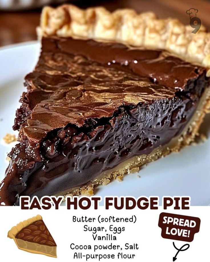 a piece of chocolate pie on a plate with the words easy hot fudge pie