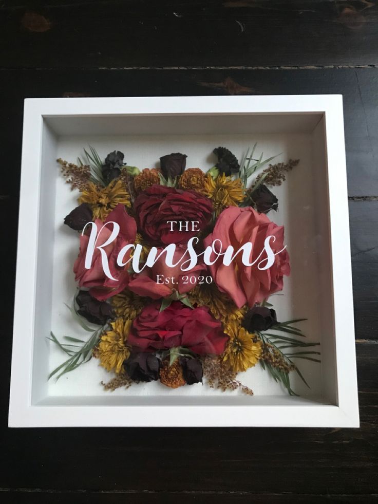 a white frame with flowers in it and the words, the rassons on it