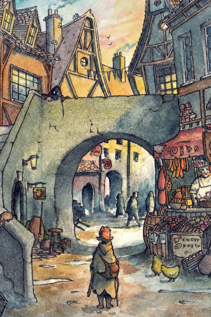 a drawing of a man walking through an alley way with buildings and people in the background