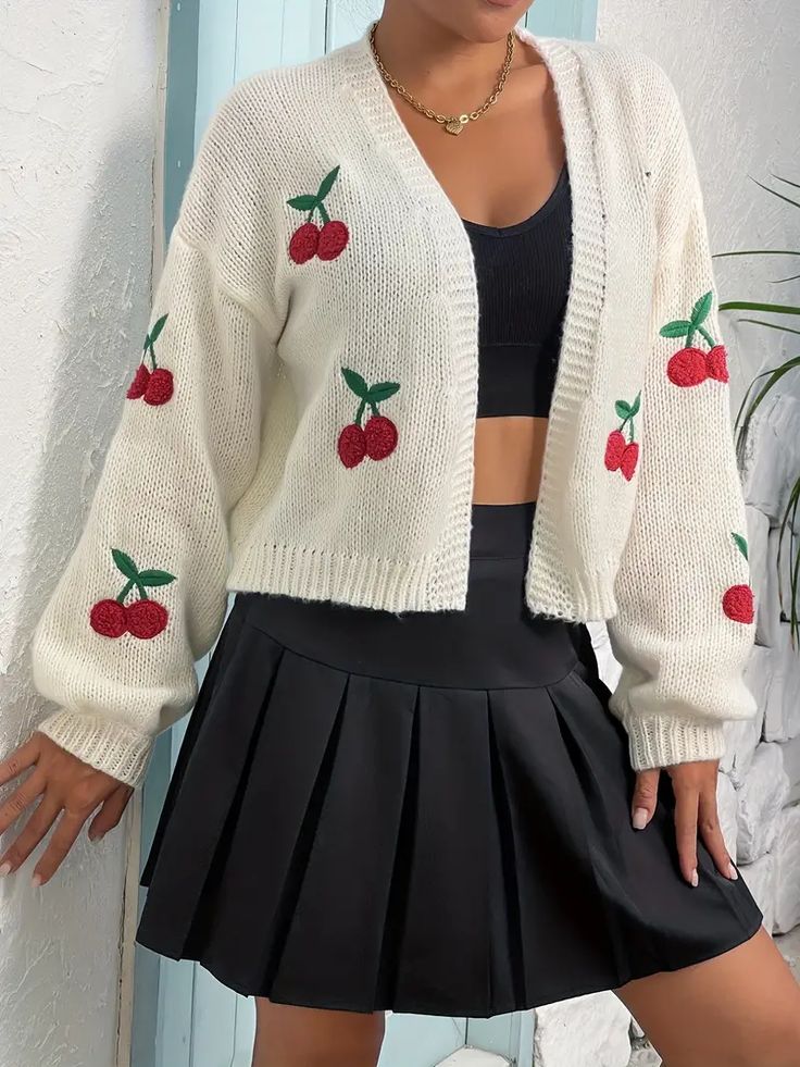 🍒Bello Suéter De Cerezas🍒 Disponible Talla S/M Cream Colored Cardigan, Simple Tank Tops, Embellished Cardigan, Women Sleeve, White Sweaters, Knit Sweater Cardigan, Front Open, Knit Cardigan, Sweater Cardigan