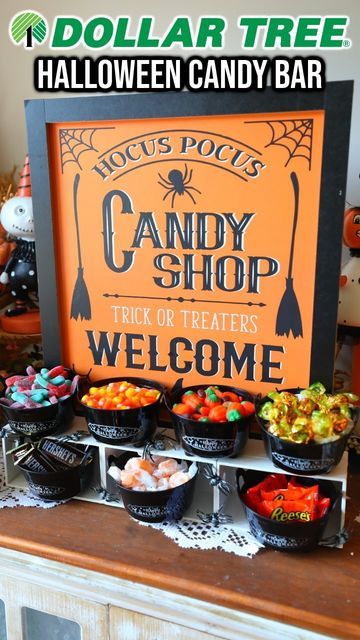 a halloween candy bar with an orange sign in the background