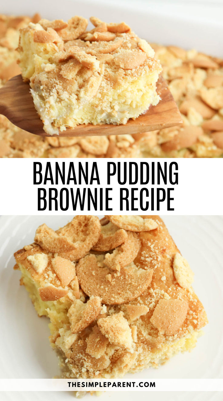 banana pudding brownie recipe on a white plate with a wooden spoon in front of it