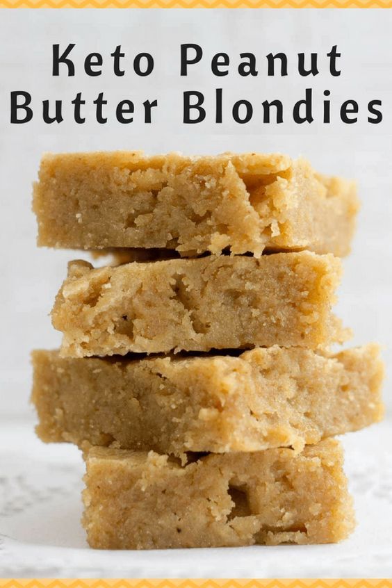 three pieces of keto peanut butter blondies stacked on top of each other with text overlay