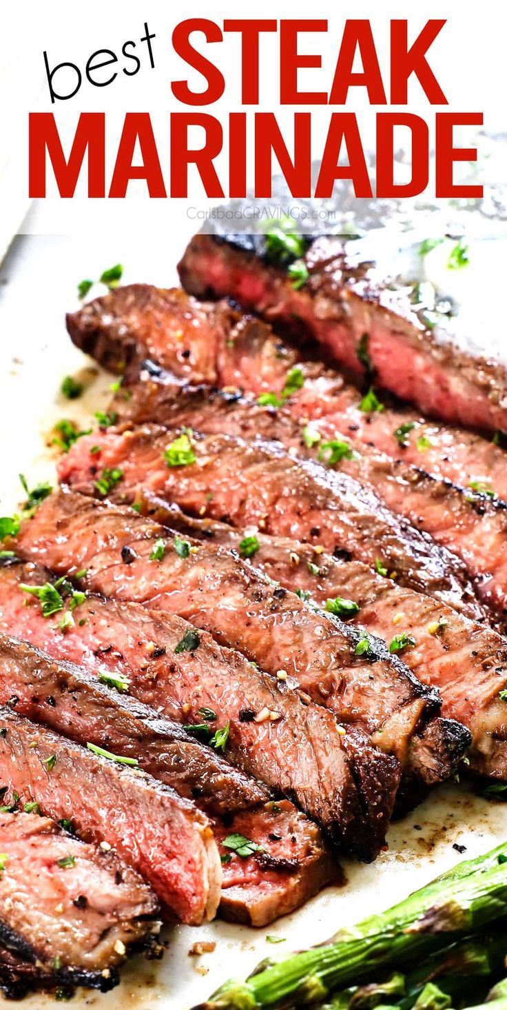 steak marinade on a plate with asparagus in the foreground and text overlay that reads best steak marinade