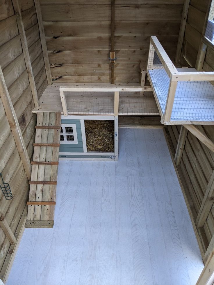 an overhead view of a chicken coop with the door open