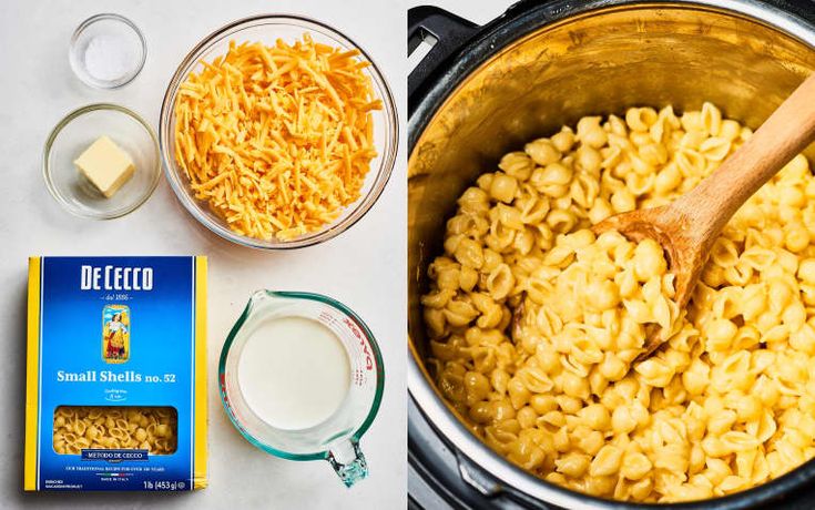 macaroni and cheese being cooked in an instant pot with a wooden spoon next to it