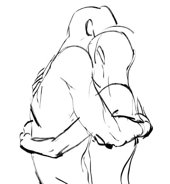 a drawing of two people hugging each other with their arms around one another, looking at the ground