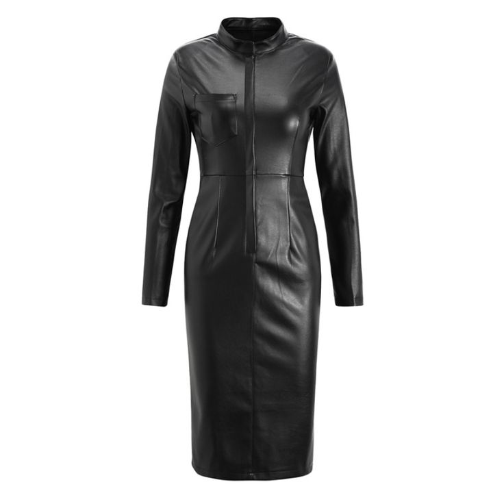 H7eee452d173f4394a9ee6ccb11531087y.png Women With Sleeves, Long Sleeve Leather Dress, Casual Dress Patterns, Leather Dress Women, Bodycon Evening Dress, Autumn Sleeve, Leather Clothes, Faux Leather Dress, Leather Dresses