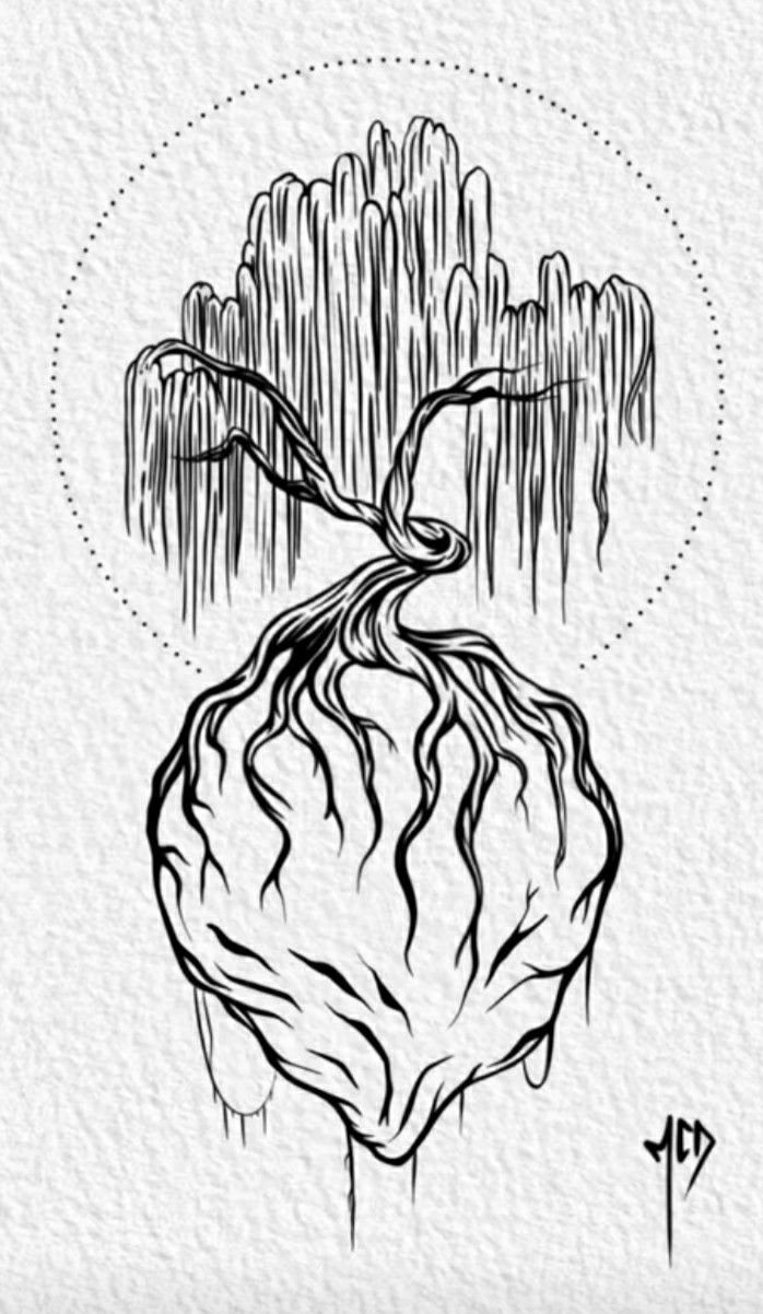 a drawing of a tree with roots growing out of it's head and the words,